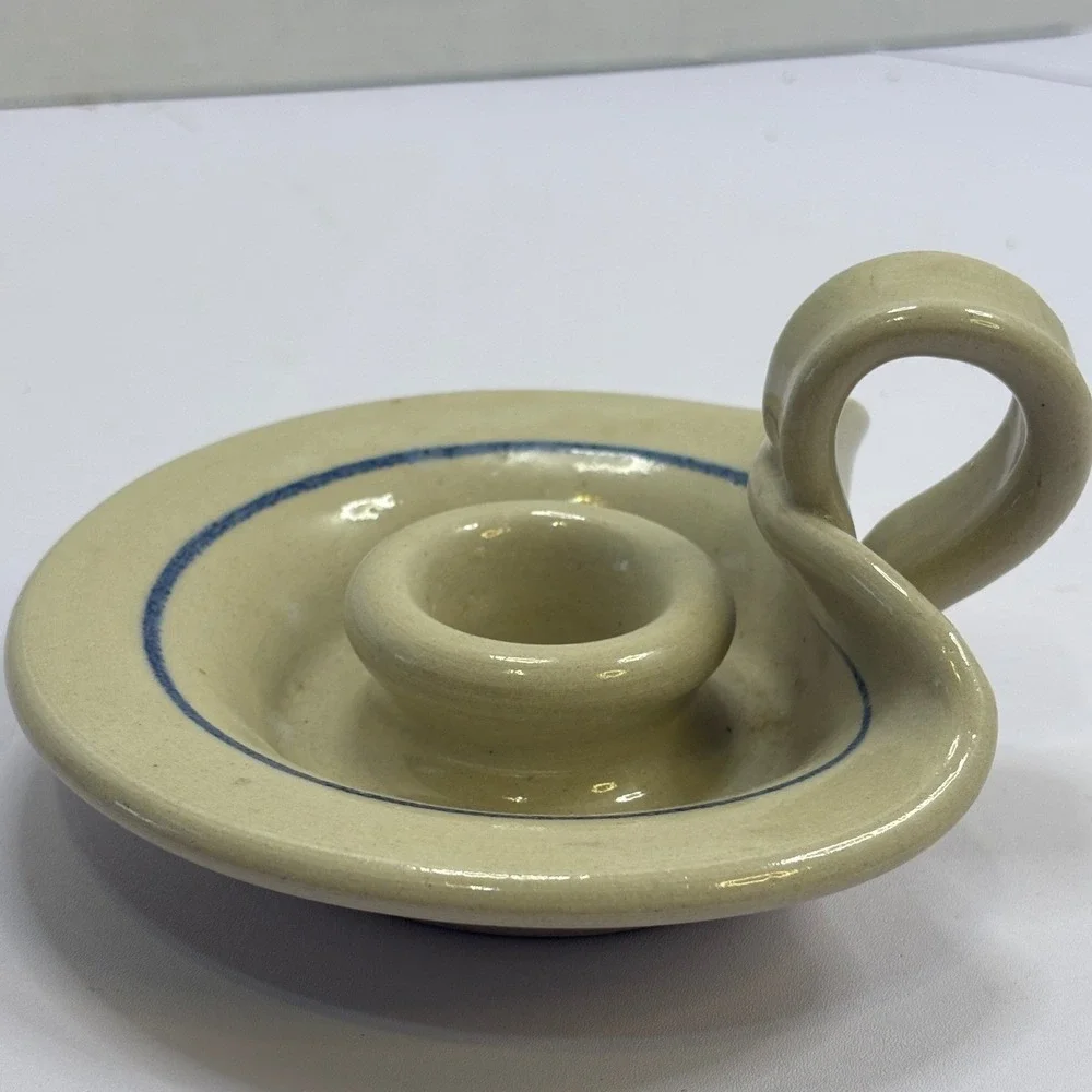 M Swayne Signed‎ Studio Pottery Stoneware Chamberstick Candle Holder Blue Ring